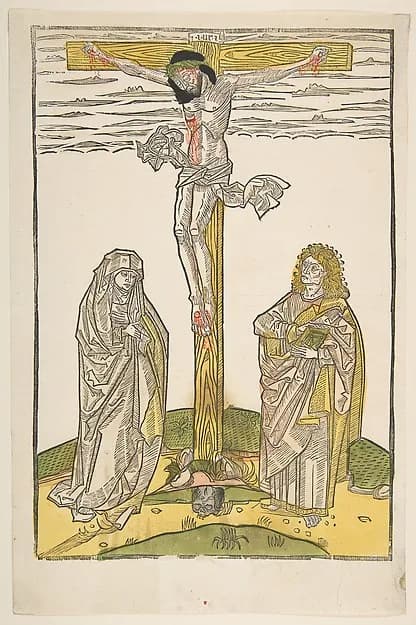 Christ on the Cross with the Virgin and Saint John by Anonymous, German, 15th century depicting Matthew 27
