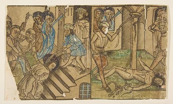 Christ's Fall on the Steps of the House of Justice; and Christ's Fall at the Column, from the Seven Falls of Christ by Anonymous, German, 15th century depicting John 1
