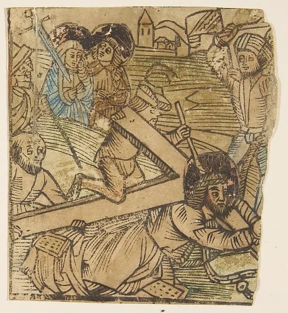 Christ's Fall Carrying the Cross, one of the "Seven Falls of Christ" by Anonymous, German, 15th century depicting Mark 15