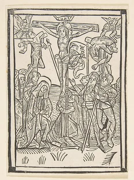 The Crucifixion, frontispiece to Postilla Guillermi by Anonymous, German, 15th century depicting Matthew 27
