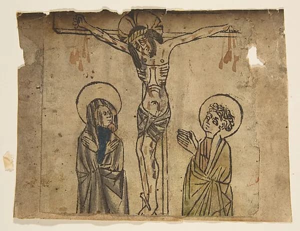 Christ on the Cross with the Virgin and St. John by Anonymous, German, 15th century depicting Matthew 27