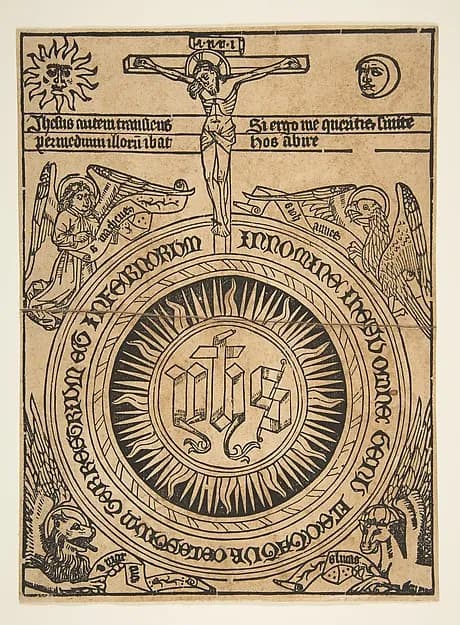 The Sacred Monogram with the Symbols of the Evangelists and the Crucifixion by Anonymous, German, 15th century depicting Matthew 27