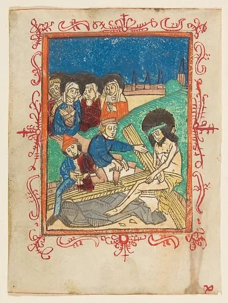 Preparation for the Crucifixion by Anonymous, German, 15th century depicting Matthew 27