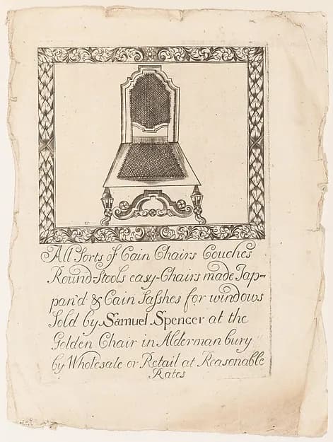 Trade Card of Samuel Spencer, Cain Chairs, at the Golden Chair in Aldermanbury by Samuel Spencer depicting 1 Samuel 3
