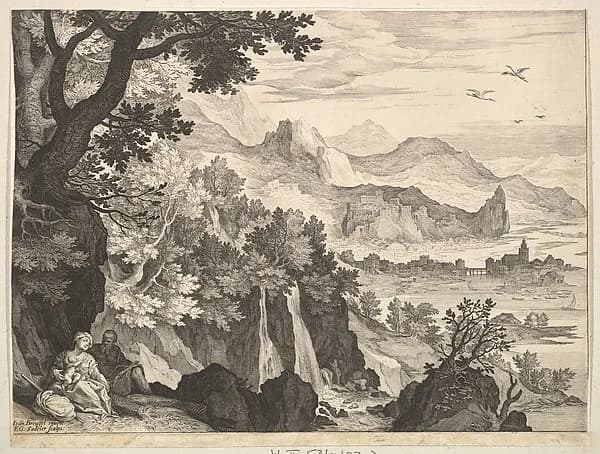 Mountainous Landscape with the Rest on the Flight into Egypt by Aegidius Sadeler II depicting Matthew 2
