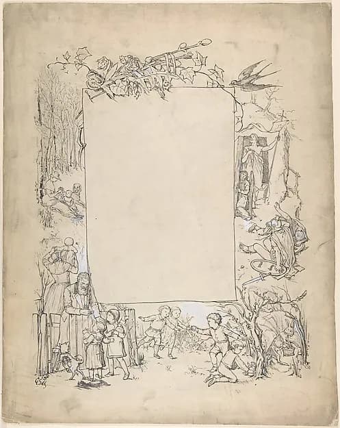Cartouche framed with scenes of Christ leaving tomb and Easter Bunny by Anonymous, German, 19th century depicting John 1