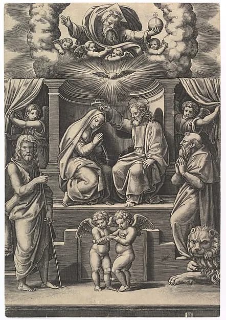 The Coronation of the Virgin, at lower left stands St John the Baptist, at lower right St Jerome, God the father above by Master of the Die depicting Matthew 3