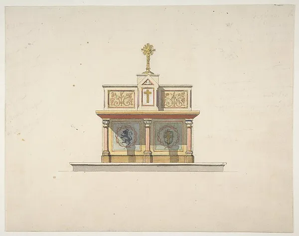 Design for an altar table surmounted by a crucifixion by Jules-Edmond-Charles Lachaise depicting Matthew 27