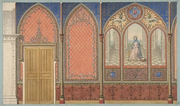 Elevation of a Church or Chapel with designs for ornament and a painted triptych of the Virgin Mary by Jules-Edmond-Charles Lachaise depicting Luke 1