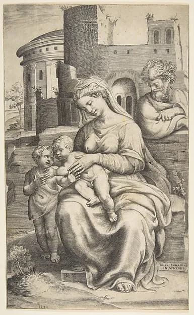 The Holy Family with Saint John the Baptist by Giulio Bonasone depicting Matthew 3