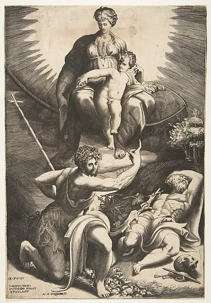 The vision of Saint Jerome who is asleep in the bottom right, the Virgin and Child appear above being pointed to by Saint John the Baptist by Giulio Bonasone depicting Matthew 3