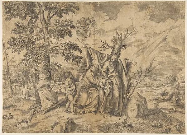 The Rest on the Flight into Egypt, Joseph at right, the Virgin holds the Christ Child in the centre, other figures to the left by Giulio Bonasone depicting Matthew 2