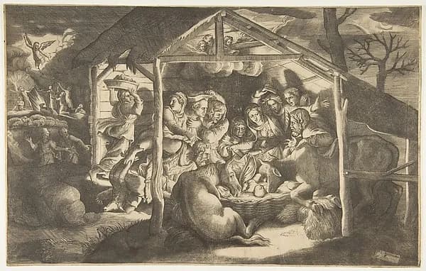 The adoration of the shepherds, various figures surrounding the Christ Child in the centre by Giulio Bonasone depicting Luke 2