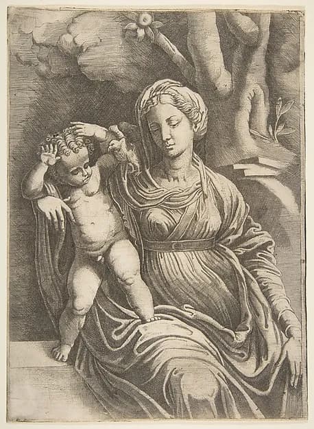 Virgin and Child seated beneath a tree by Giulio Bonasone depicting Luke 2
