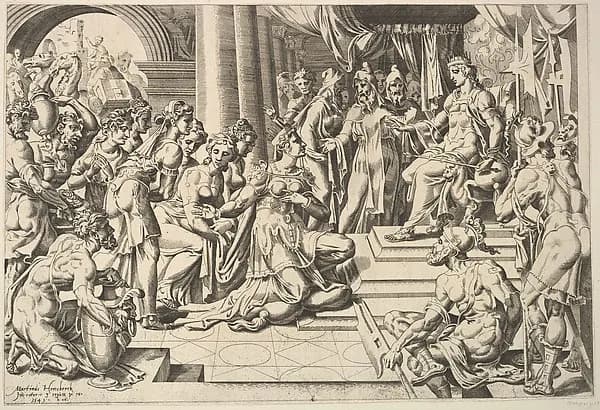 Solomon and the Queen of Sheba by Dirck Volckertsz Coornhert depicting 1 Kings 10
