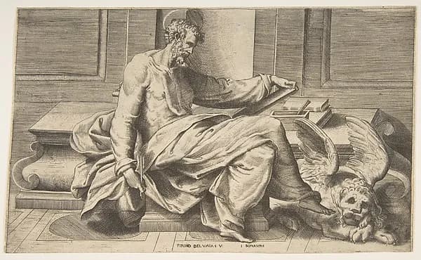 Saint Mark writing his gospel, winged lion at the right by Giulio Bonasone depicting Mark 1