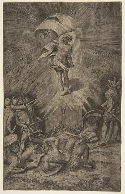 The resurrection of Christ, holding a banner in his right hand, soldiers surrounding the tomb, some falling away by Giulio Bonasone depicting Matthew 28