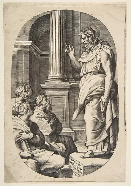 Saint Paul Preaching, an oval composition by Giulio Bonasone depicting Acts 17
