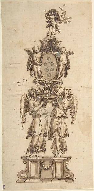 Design for a (Temporary?) Structure consisting of Two Angels carring the Medici Coat of Arms crowned by the Figure of Christ by Anonymous, Italian, 16th to early 17th century depicting John 1