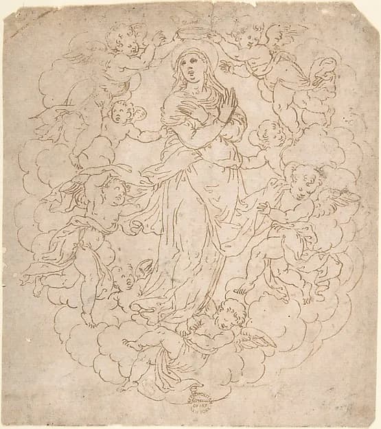 Assumption of the Virgin (recto); Figure Sketches (verso) by Anonymous, Italian, 16th century depicting Luke 1