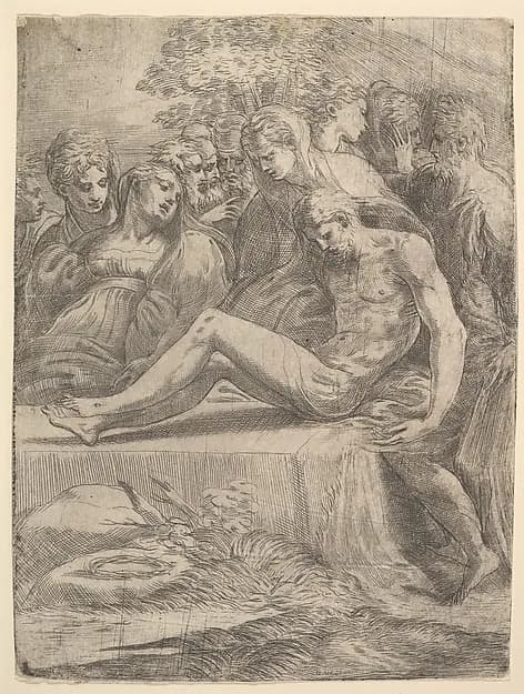 The lamentation over the dead Christ by Andrea Schiavone (Andrea Meldola) depicting Mark 15