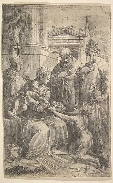 Holy Family with Saints by Andrea Schiavone (Andrea Meldola) depicting Luke 2