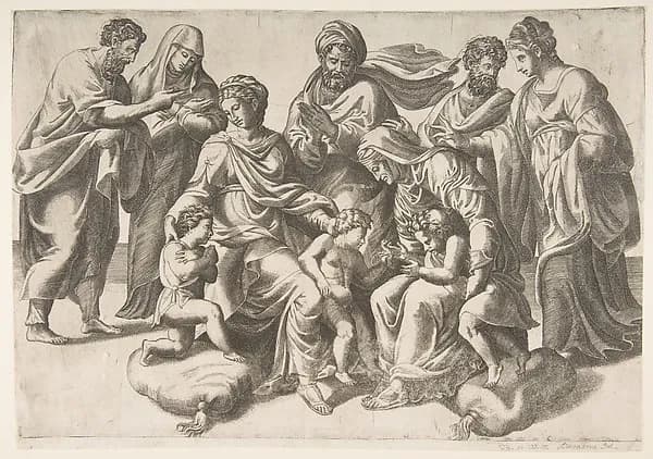 The Holy Kinship, in thecentre the Christ Child takes a bird given to him by the infant John the Baptist by Giulio Bonasone depicting Matthew 3