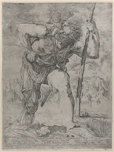Saint Christopher with the Christ Child on his shoulders by Orazio Borgianni depicting Luke 2