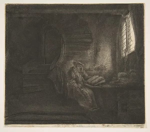 St. Jerome in a Dark Chamber by Rembrandt van Rijn depicting Romans 8