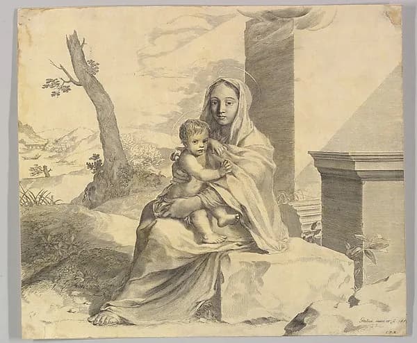 Virgin and Child Seated on a Rock (Vierge à l'Enfant dans des ruines) by Claude Mellan depicting Luke 2