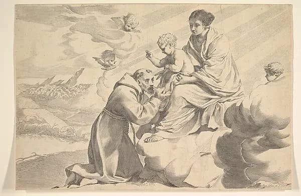 St. Francis of Assisi Adoring the Christ Child on the Virgin's Lap by Claude Mellan depicting Matthew 5
