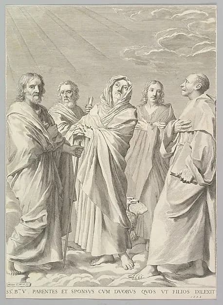 Sts. Anne, Joseph, Joachim, Bernard and John the Evangelist (Parenté de la Vierge) by Claude Mellan depicting Luke 1
