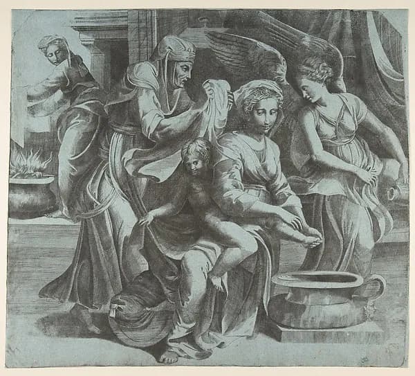 The Virgin washing the Christ Child accompanied by figures and an angel at right by Giulio Bonasone depicting Luke 2