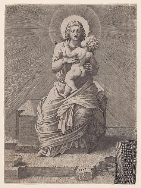 Virgin and Child Seated on a Stone Slab by Lambert Suavius depicting Luke 2