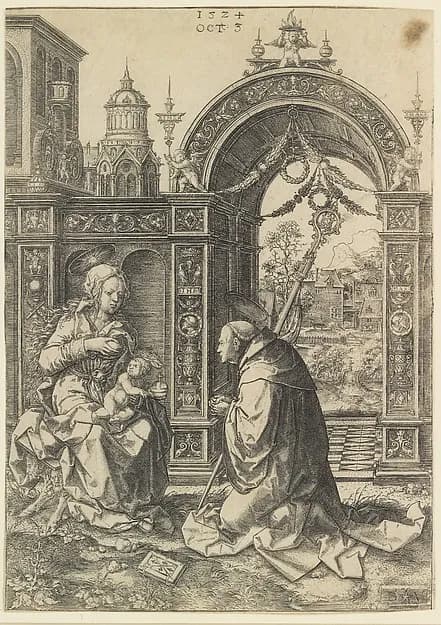 St. Bernard Adoring the Christ Child by Dirck Vellert depicting Luke 2