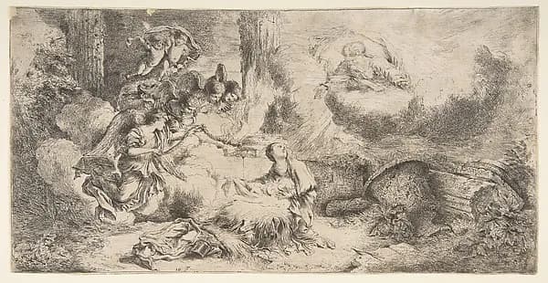 The Virgin and Child, God the father upper right, angels at left by Giovanni Benedetto Castiglione (Il Grechetto) depicting Luke 2