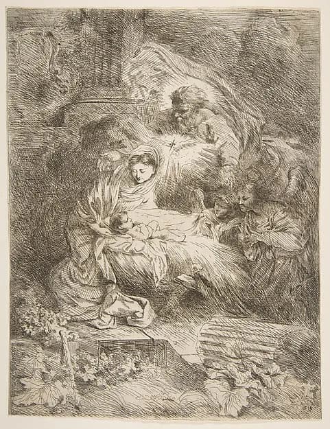 God the Father observing the Virgin and Child, angels to the right by Giovanni Benedetto Castiglione (Il Grechetto) depicting Luke 2