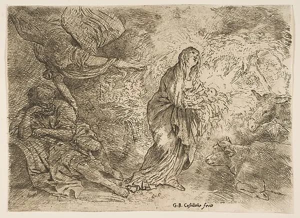 The angel awakening Joseph to the presence of the Virgin and Child by Giovanni Benedetto Castiglione (Il Grechetto) depicting Luke 2
