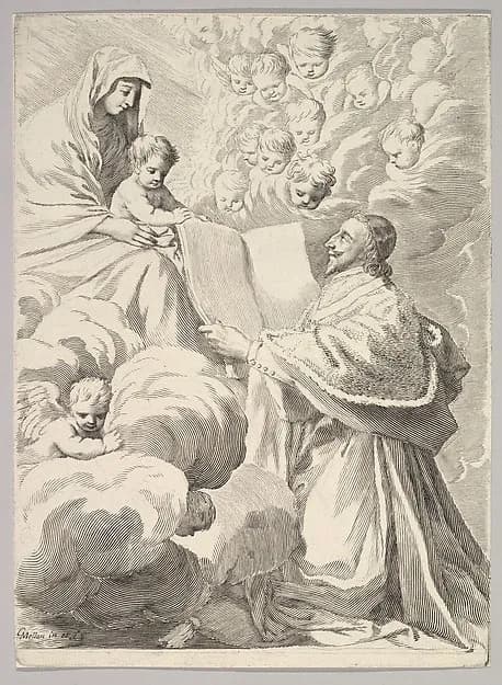 Cardinal Richelieu, Kneeling, Presents His Book to the Virgin and Child by Claude Mellan depicting Luke 2