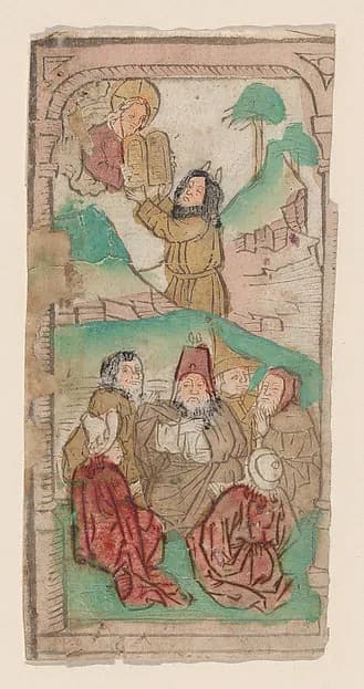 Moses Receiving the Law, illustration from a "Biblia Pauperum" blockbook, fourth edition by Anonymous, Netherlandish, 15th century depicting Exodus 2