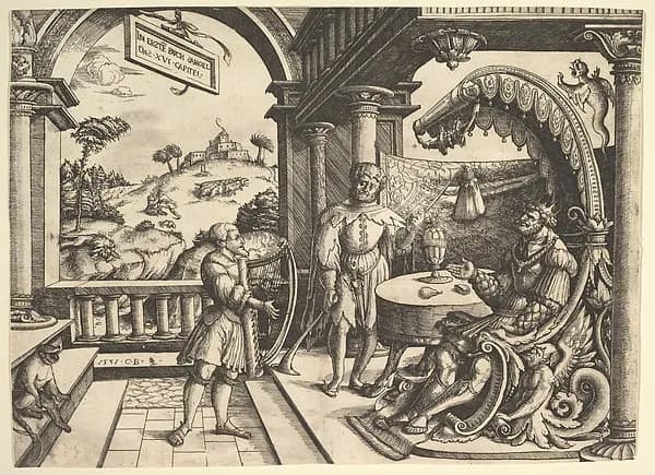 David playing the harp before Saul by Christoph Bockstorffer depicting 1 Samuel 15