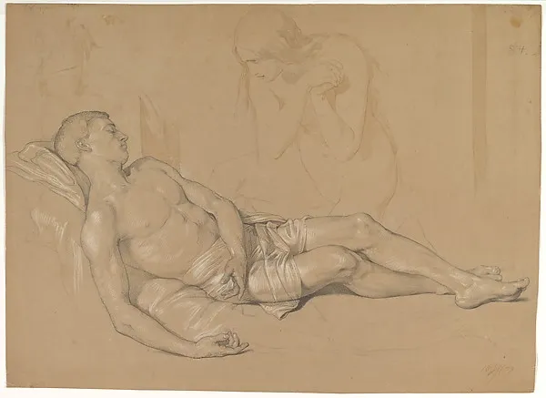 A Nude Woman Kneeling at the side of a Reclining Man (Study for Mary Magdalen Lamenting Christ) by Julius Hübner depicting Luke 7