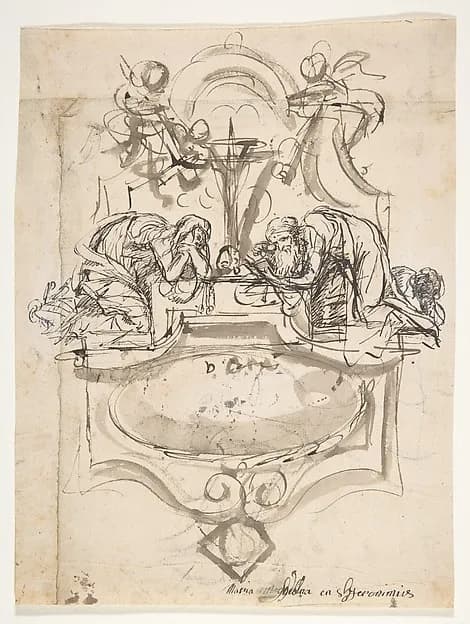 Design for a sepulchral monument with Mary Magdalen and Saint Jerome (recto); Sketch (counterproof) and writing exercises (verso) by Pieter Verbruggen the Younger depicting Luke 7