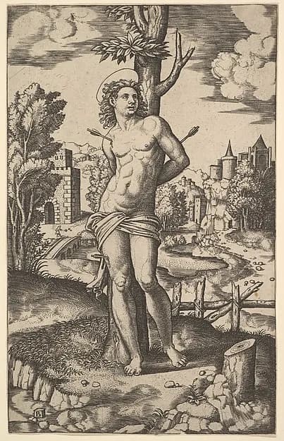 Saint Sebastian tied to a tree and pierced with arrows by Master of the Die depicting Romans 8