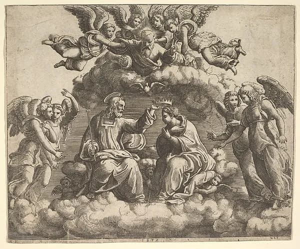 The coronation of the Virgin, Christ holding the crown over her head, God the Father  blessing above by Master of the Die depicting Luke 1