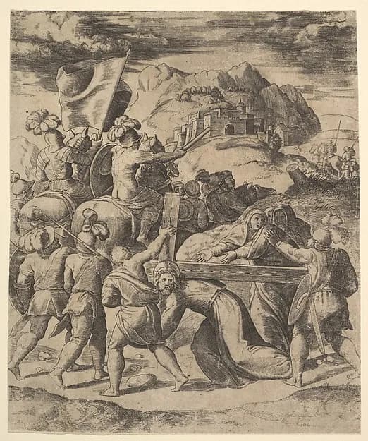 Christ carrying the cross surrounded by soldiers, several on horseback by Master of the Die depicting Mark 15
