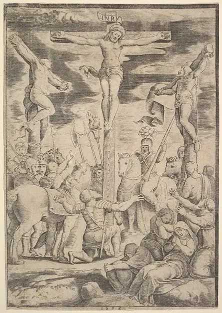 The conversion of the Centurion who flings his arms open before Christ on the cross by Master of the Die depicting Matthew 27