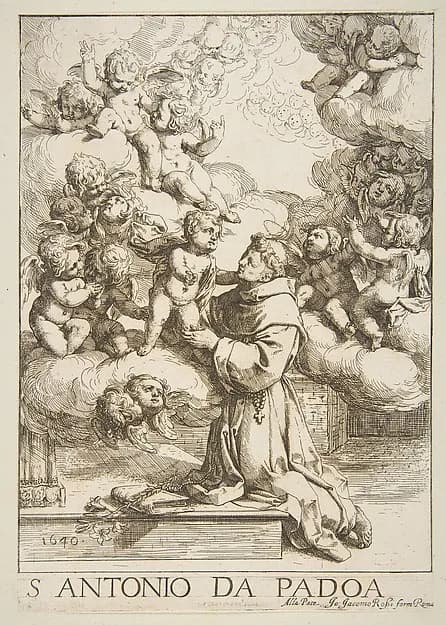 Saint Anthony of Padua adoring the Christ Child, copy after Cantarini by Anonymous, Italian, 17th century depicting Luke 2