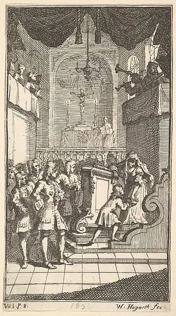 The New Metamorphosis, Plate 2: Fantasio at Church by William Hogarth depicting Matthew 27
