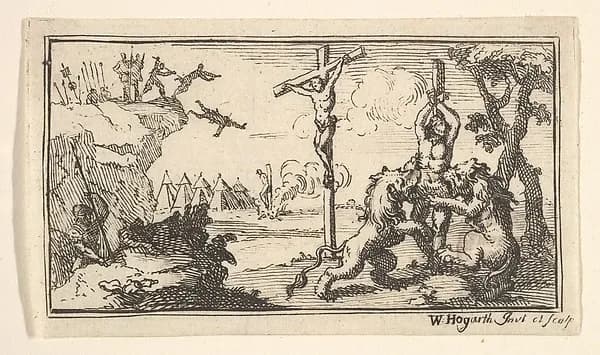 Crucifixion, etc. (John Beaver, Roman Military Punishments, 1725) by William Hogarth depicting Matthew 27